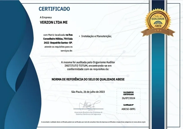 Certificado ABESE da Verzon Tecnologias
